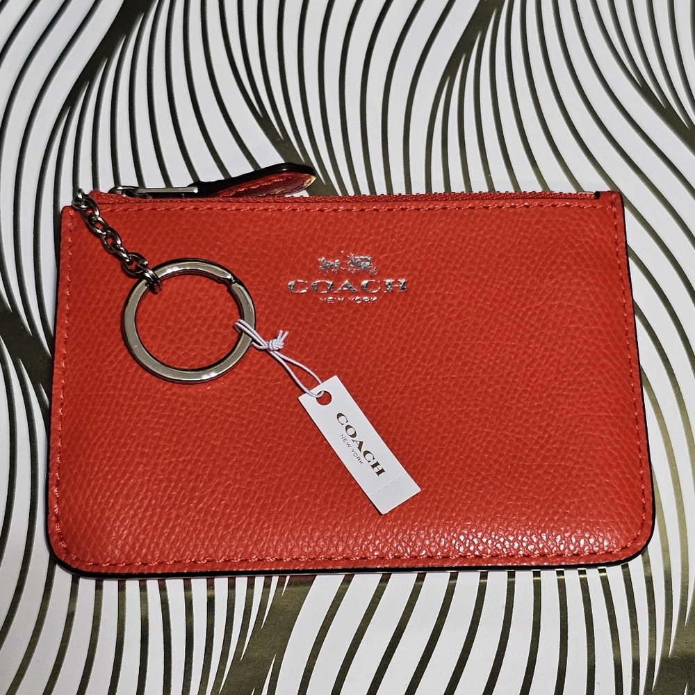 COACH F64064 KEY POUCH WITH GUSSET IN CROSSGRAIN LEATHER Bright Orange New 🧡🧡 - Picture 5 of 7